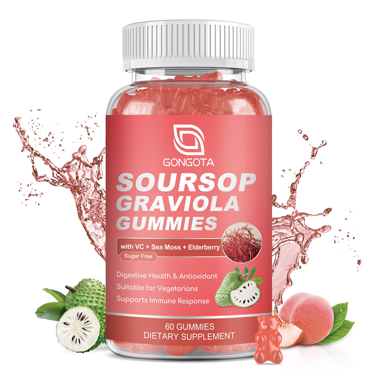 Soursop Graviola Gummies - 2200mg Extra Soursop Leaves Extract,Elderberry & Sea Moss & Zn, for Digestive, Immune, Antioxidant and Overall Health Support - Gluten Free, Vegan, 60 Gummies