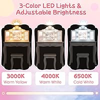 Vista 3 de HONEY JOY Juego de tocador para niños con espejo iluminado, 2 en 1, mesa de vestir para princesas, con espejo de tres hojas y cajón, juego