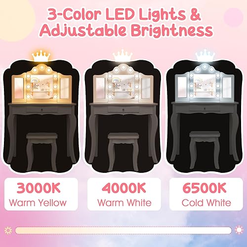 Miniatura 3 de HONEY JOY Juego de tocador para niños con espejo iluminado, 2 en 1, mesa de vestir para princesas, con espejo de tres hojas y cajón, juego