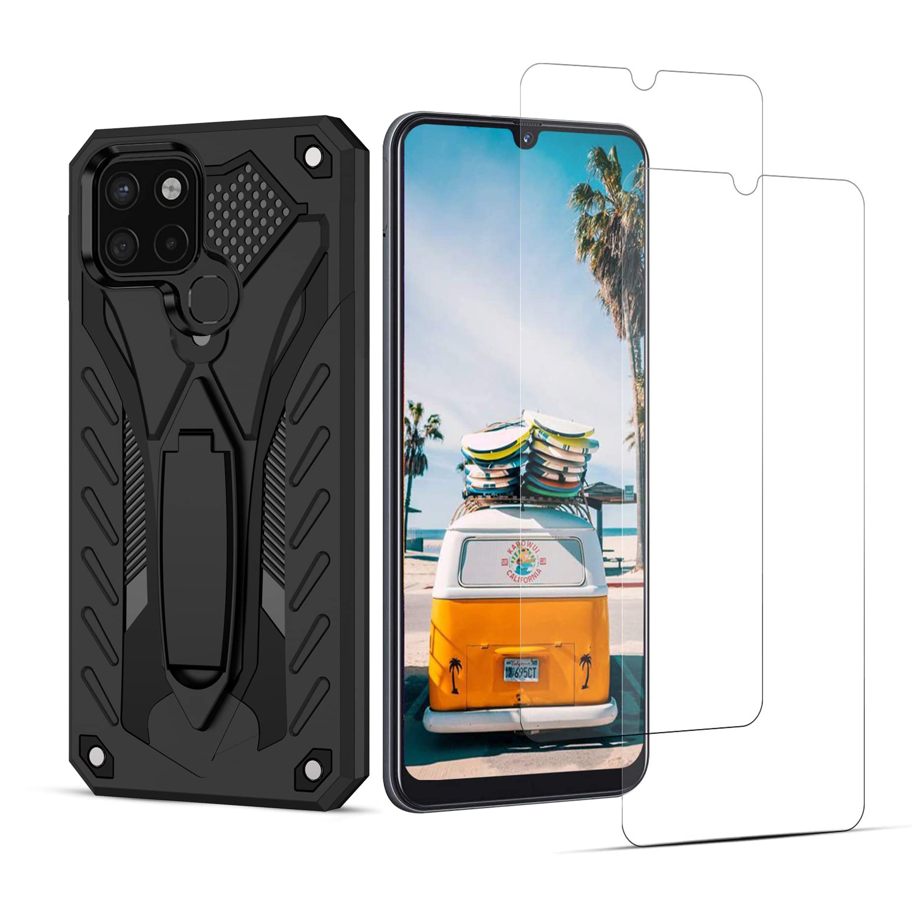 VGANA Case and 2 Pack 9h Tempered Glass for Infinix Smart 6, Anti-Fall [Tough Armor] Dual Layer Protective Cover with Foldable Holder and Screen Protector. Black