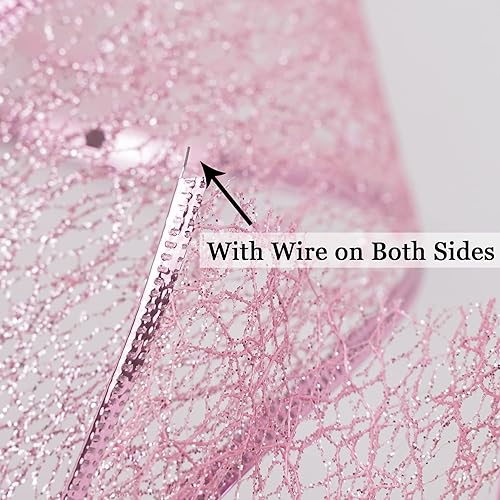 Miniatura 3 de MEEDEE Cinta de malla de alambre rosa con purpurina, cinta de Navidad rosa con alambre de 2.5 pulgadas, cinta rosa con alambre para decoración de