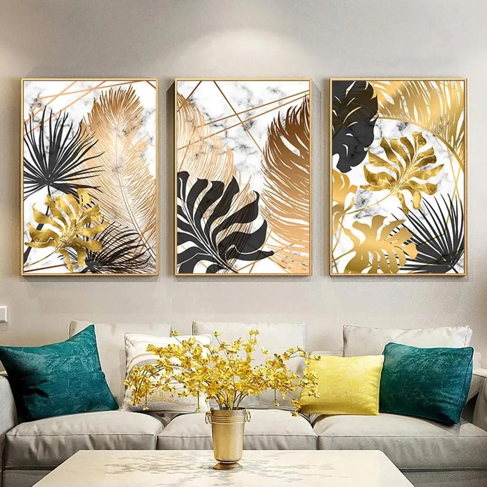 WBYZAC Botanical Posters-Nordic Golden Leaf Canvas Painting Marble Posters Abstract Wall Art Prints for Modern Living Room Kitchen Office Bedroom Decoration-60 * 70cm*3PCS (No Frame)
