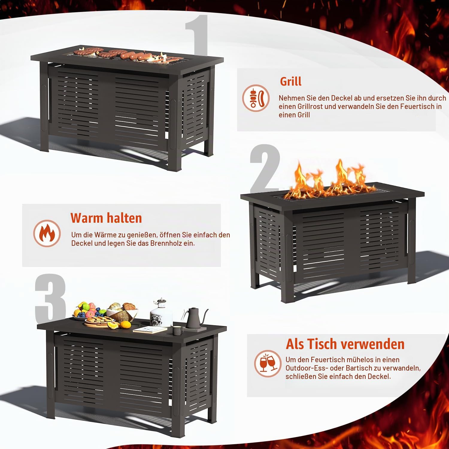 YODOLLA Feuertisch mit Grillrost & Grillzange für Heizung/BBQ Grill | 108x58x63cm Metall Feuerschale, 3-in-1 Holzbrennender Gartenfeuerstelle als Tisch für Gartenpartys verwenden, Schwarz