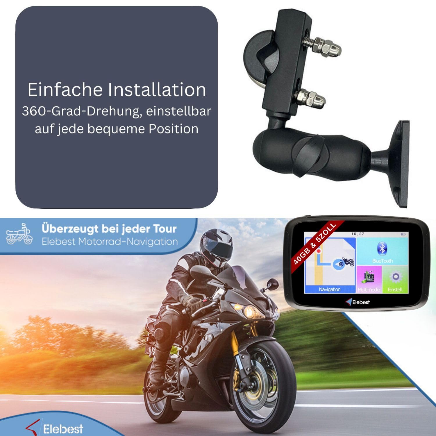 Elebest Rider W5 – 5 Zoll Motorrad-Navi | Wasserdicht (IPX7), Stabile Lenkerhalterung, Radarwarnung, PC-Tourenplanung & Europa-Karten 2026