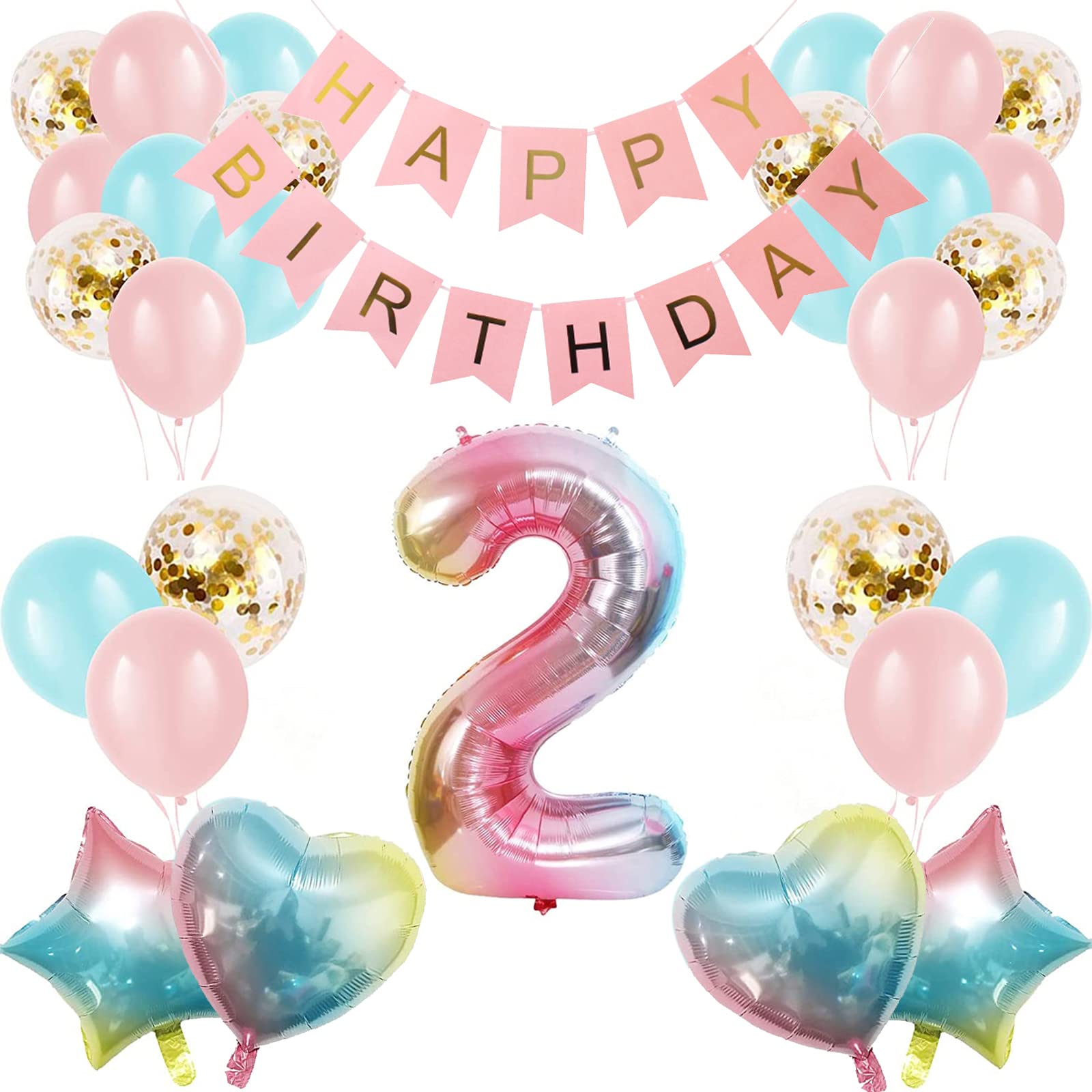 Girl 2nd Birthday Decorations Gradient Color Age 2 Balloon Arch Kit with 40 inch Number 2 Foil Balloon Happy Birthday Banner & 28 Latex Balloons for Second Birthday Party (2nd Birthday Balloon Set)