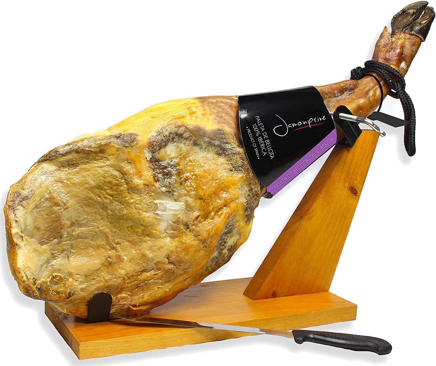 Iberico Ham Acorn-fed Bellota 100% Pure Breed (shoulder) Bone in from Spain - Jamon 100% Iberico de Bellota Pata Negra (Paleta Iberica) - Gluten Free (Ham stand & Knife included)