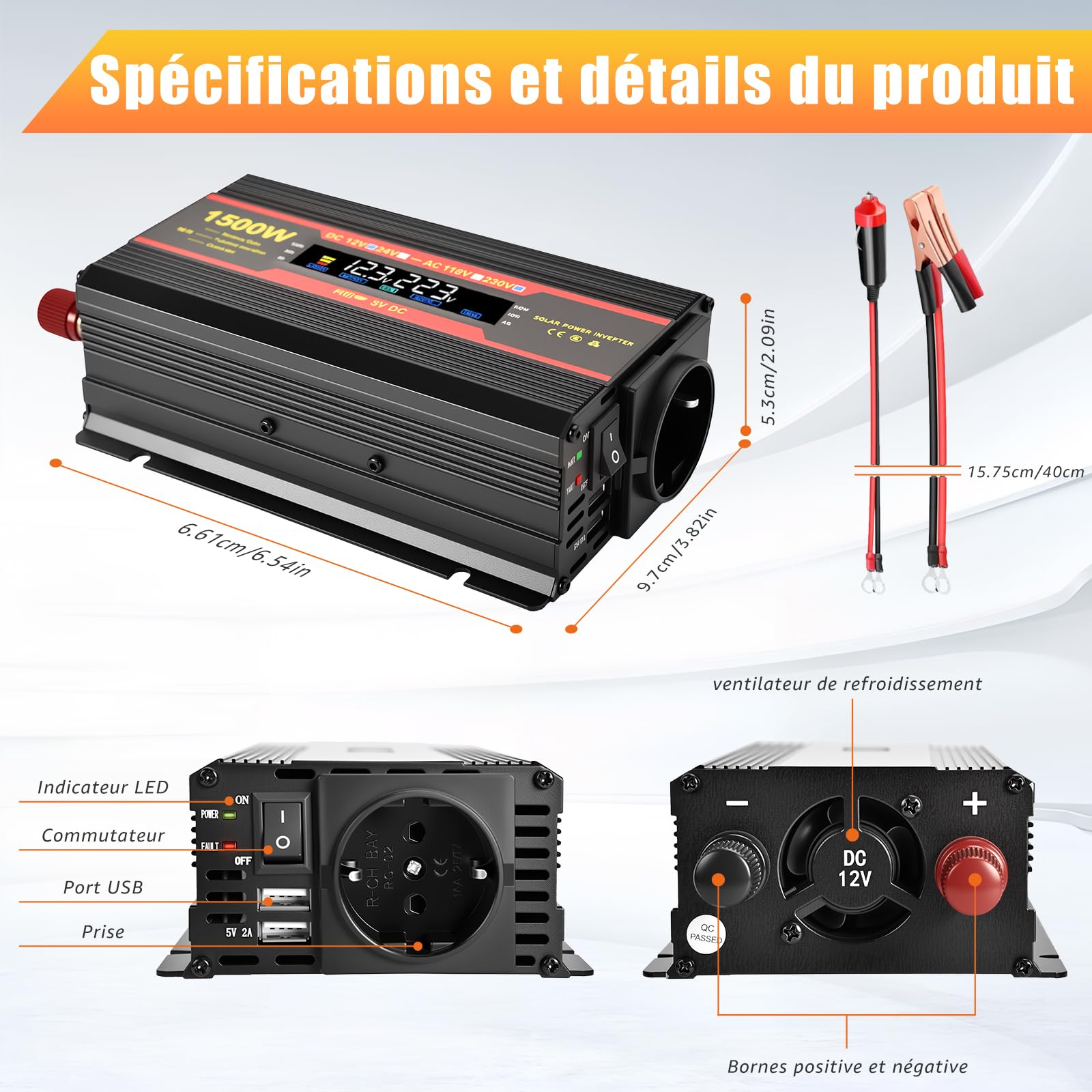 Inverter 1500 W 12 V 220 V Sinus puro Convertitore Auto Camper Camion 2 x USB