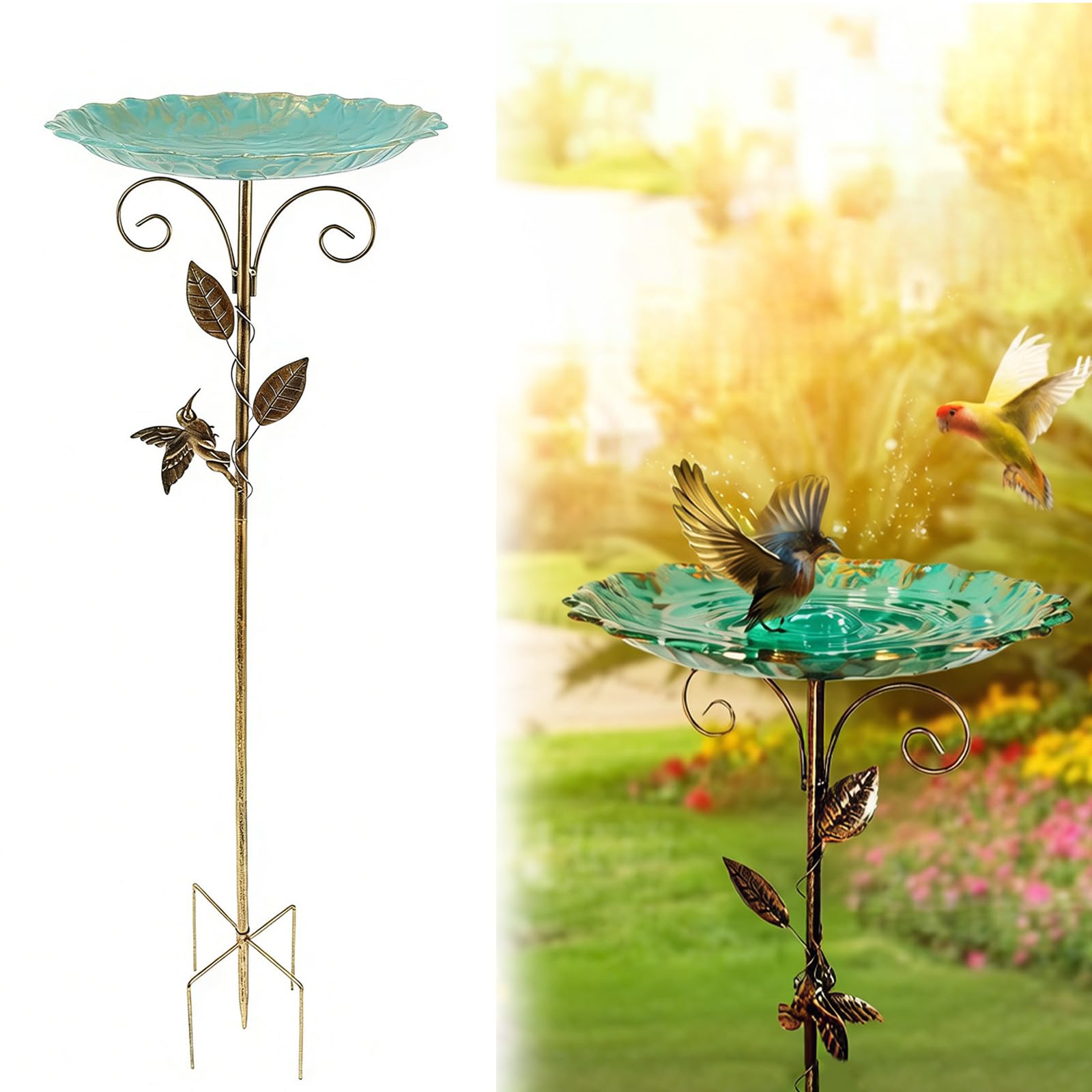 30In Vintage Metal Bird Bath with Leaf & Bird Decor – Freestanding Bird Feeder Bowl with Sturdy 5-Prong Base, Detachable Design for Outdoor Patio, Yard & Lawn Decor