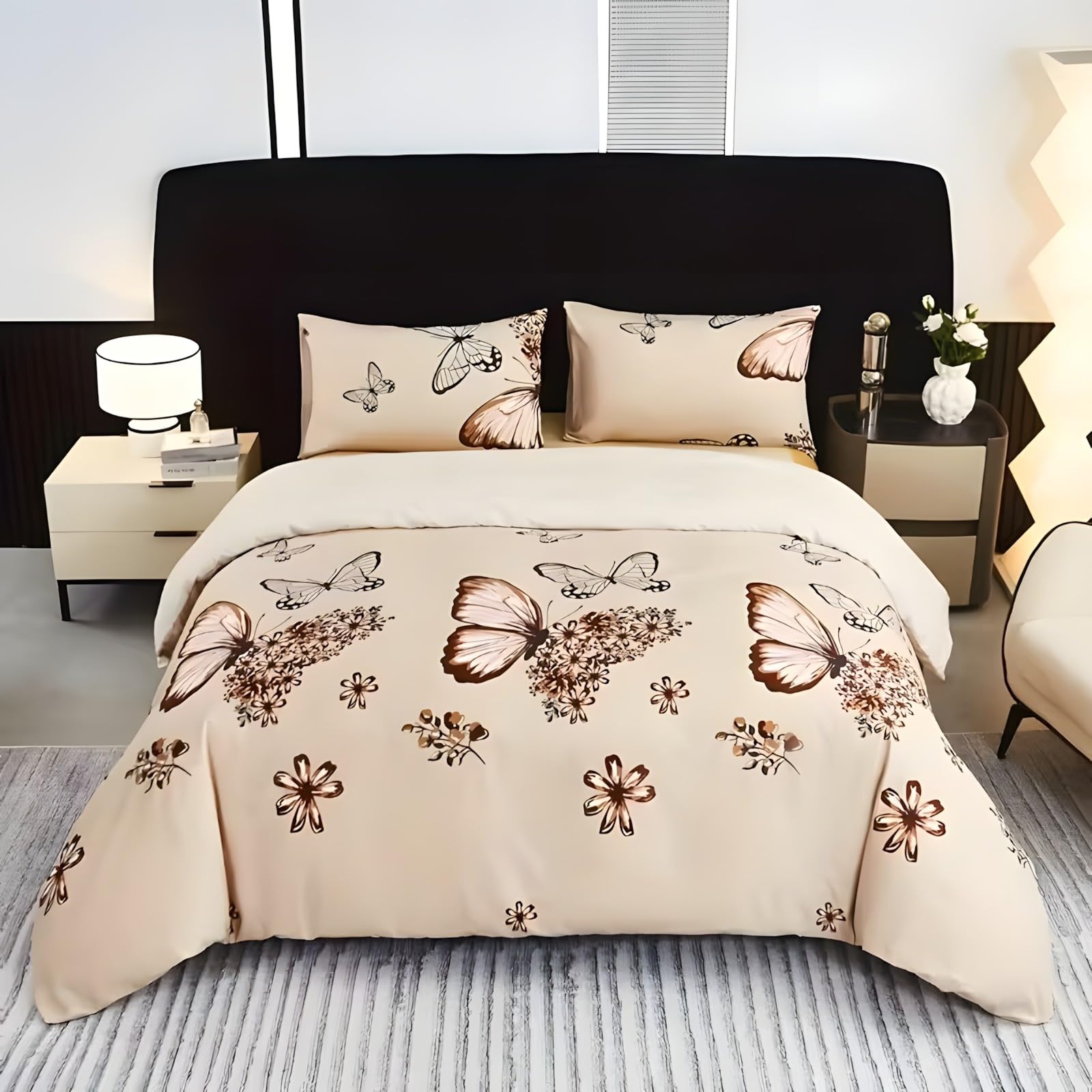 Funda Nordica Cama 105 Mariposa Marrón Funda Edredon Floral 3 Piezas Ropa de Cama Suave Transpirable - 1 Funda Edredón 180x220 cm y 2 Fundas Almohada 50x75 cm