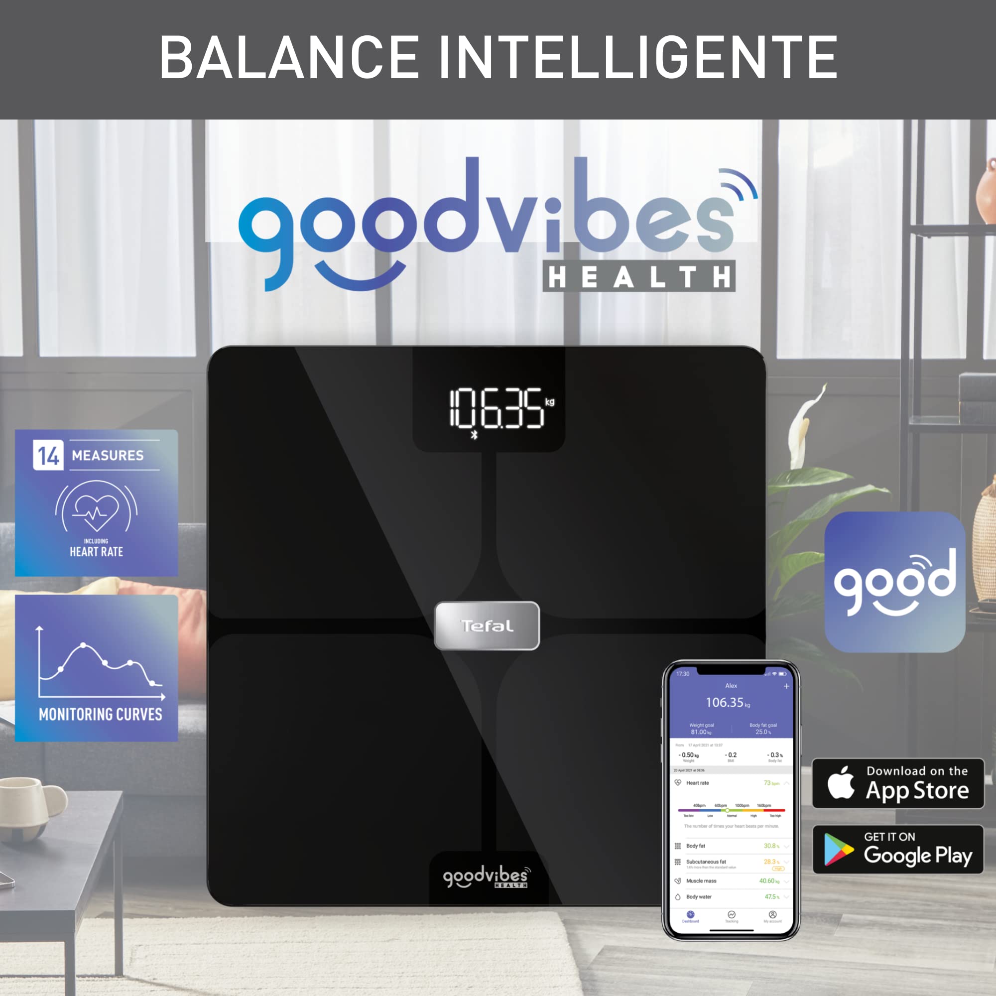 Tefal Goodvibes Health Balance conectado, 14 indicadores corporales, aplicación conectada, número ilimitado de usuarios, capacidad de 180 kg y bandeja de cristal 32 x 32 cm, negro BM9670S1