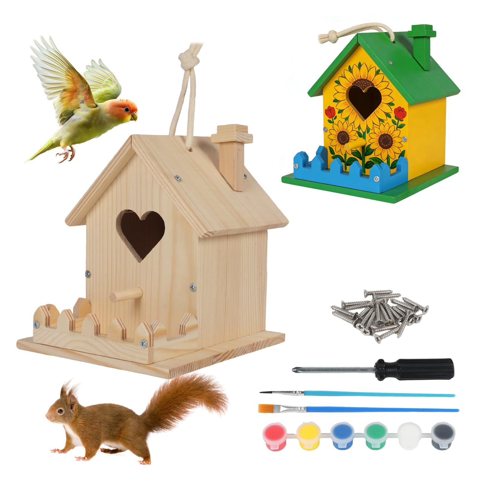 Wooden DIY Bird House Kit, Hanging Birdhouse Arts and Crafts for Kids and Adults to Build and Paint, Including Paints and Brushes, Outdoor Craft Set for Garden, Ecological Bird Protection (Style 2)