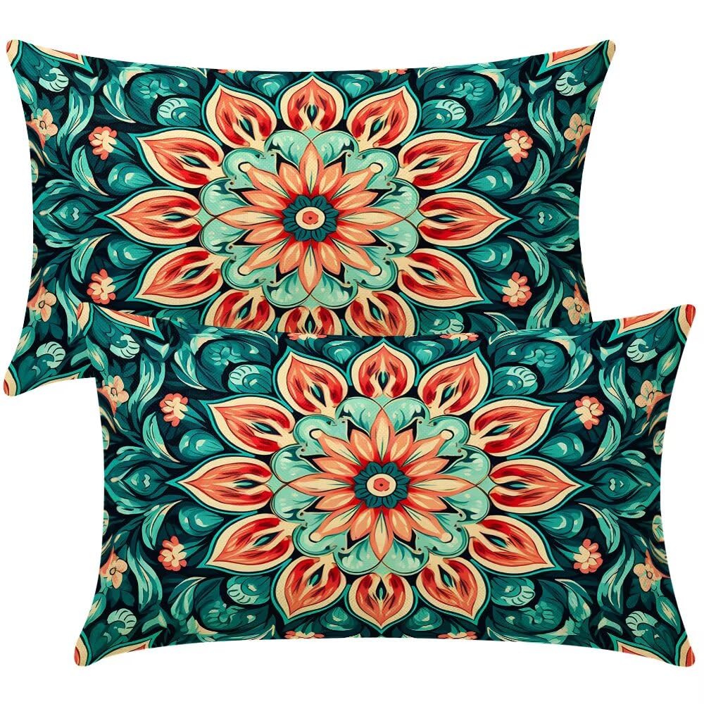 Cushion Covers 35cm x 55cm Boho Cushion Cover 14 x 22 Inches Pack of 2 Throw Pillow Covers Green Sofa Cushions Polyester Linen Decorative Pillowcases for Couch Living Room Bedroom Home Decor -SC503