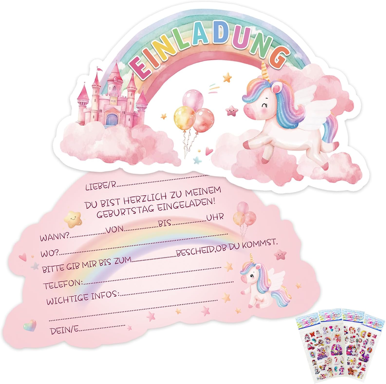 Einhorn Einladungskarten Set 18 Stück - Kindergeburtstag Einladungen Mit Umschlägen | Magische Party