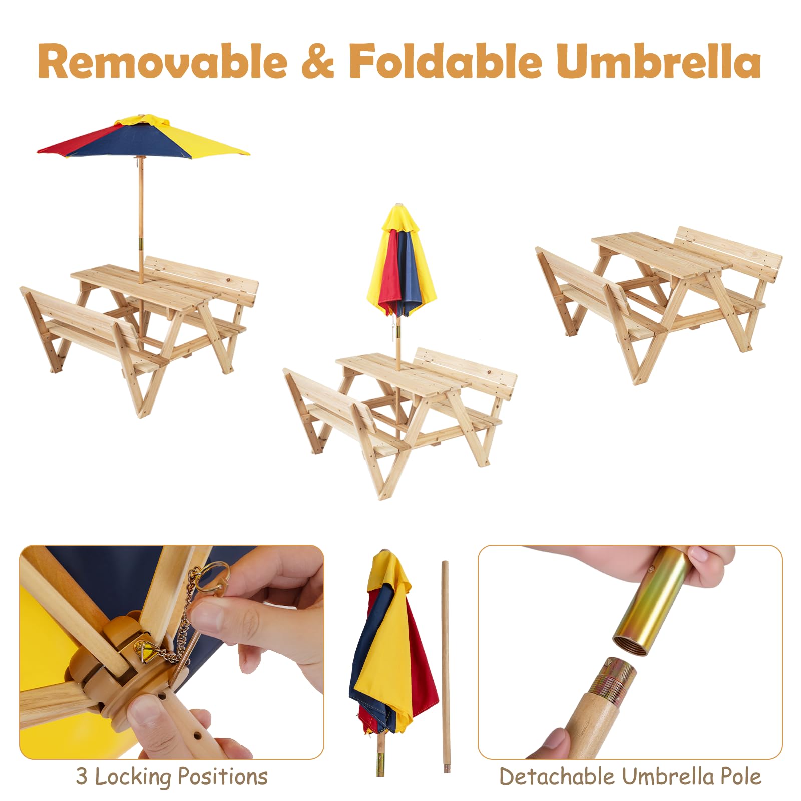 LIFEZEAL Set da Giardino per Bambini in Legno di Abete | Tavolo e Panche da Giardino con Ombrellone Rimovibile e Regolabile, Panche con Schienale, per Cortile, Portico, Patio