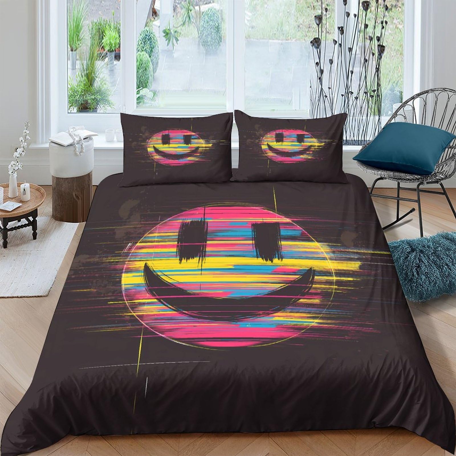 Ctjqhvkz Style-2 3D Printed Graffiti Smile Face Fitted Sheet Microfiber Soft Colorful Smiley Bed Cover For Bedroom Guest Room Decor Single（135X200cm）
