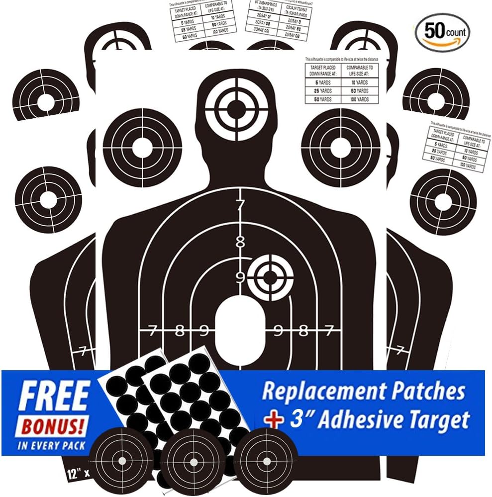 Shooting Targets, 12"X18" Silhouette Targets for Target Shooting - c/w (50) Shooting Target Paper Human Targets & (50) 3" Adhesive Bullseyes