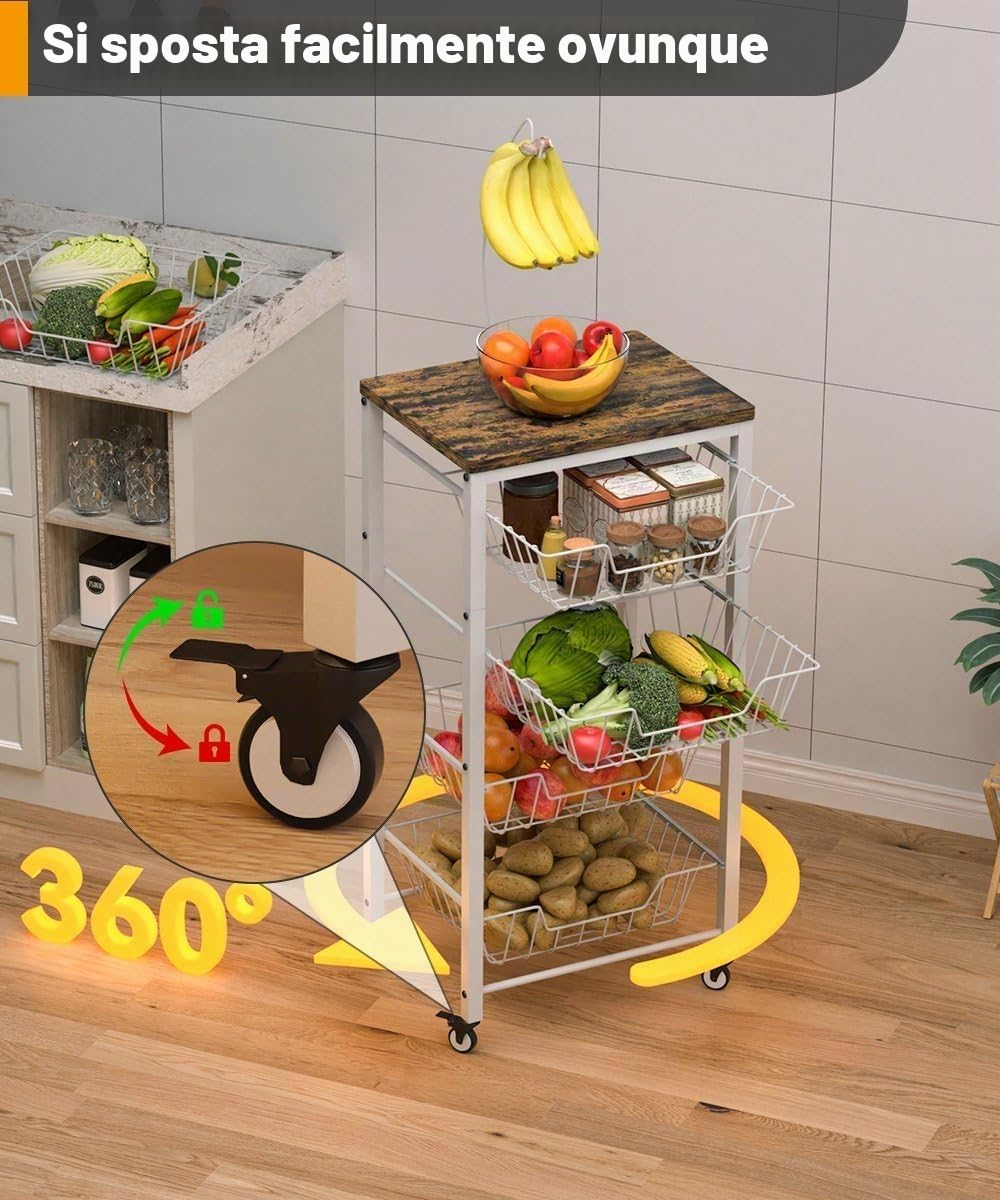 Garbuildman Carrello portaoggetti da cucina a 5 ripiani con cestini estraibili, organizer per frutta e verdura con piano in legno e supporto per banane, per dispensa, soggiorno, bagno, bianco