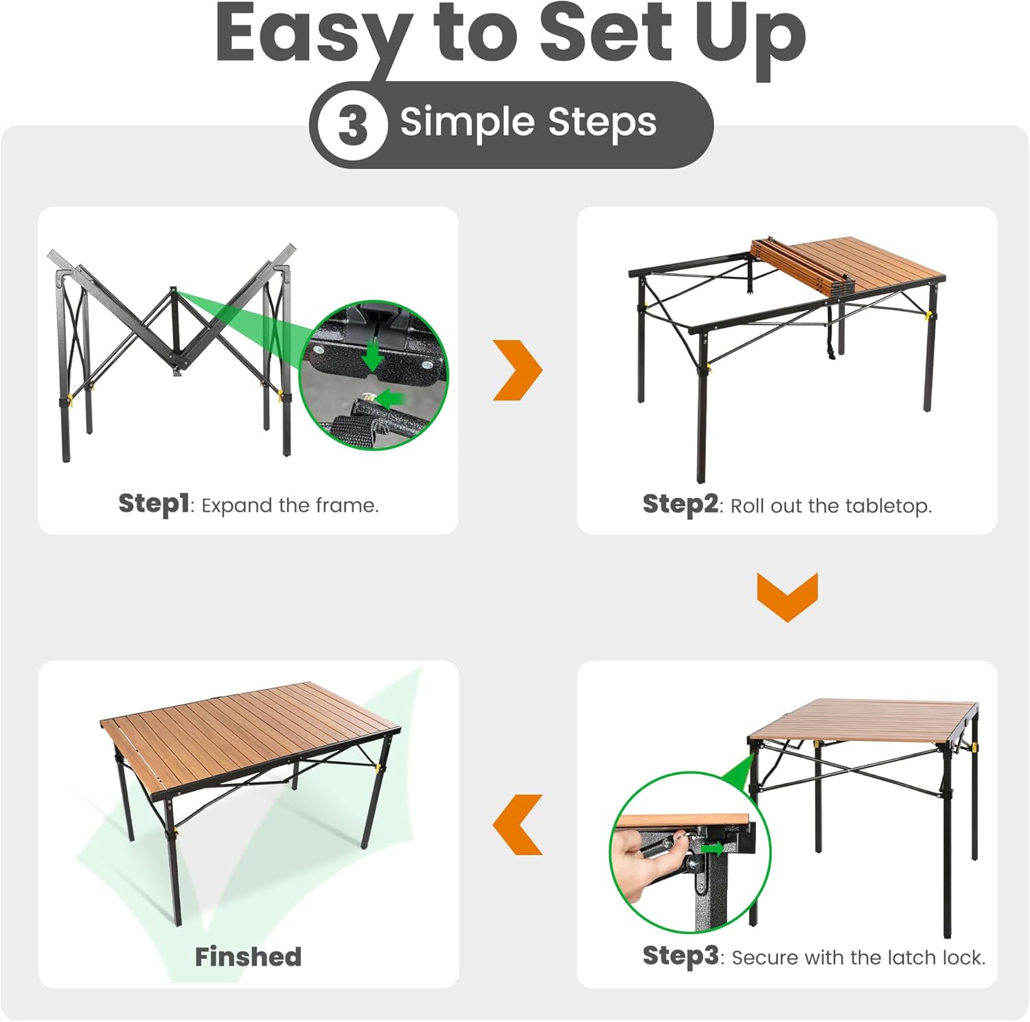 46.4" Large Folding Camping Table for 2-6 People - Heavy Duty Camp Table Foldable with Aluminum Roll-Up Top & Carry Bag - 220lbs Capacity, Portable for BBQ, Tailgating, Backyard (Natural)