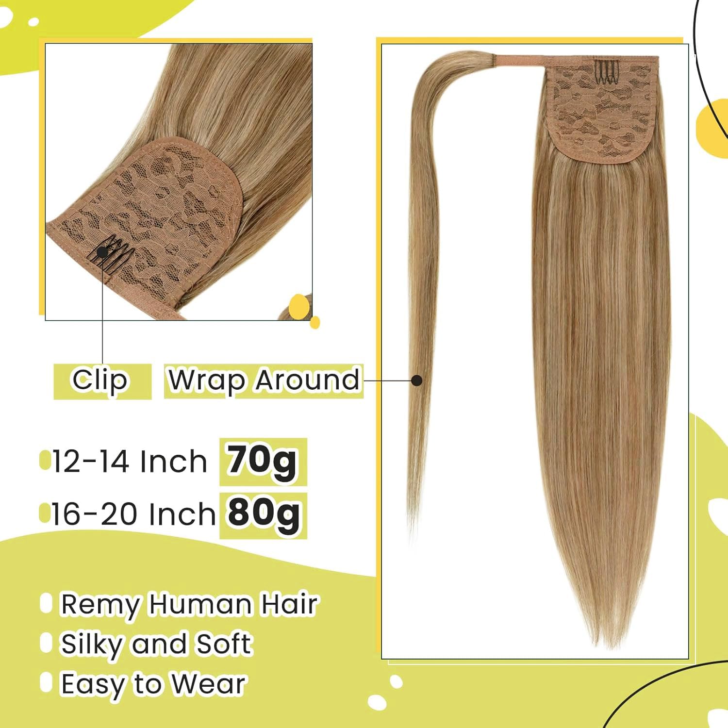 RUNATURE Human Hair Ponytail Extension Blonde Ponytail Hair Extension Dark Blonde Highlight Caramel Blond Short Ponytail Human Hair Extensions Straight Pony Tails Hair Extension 12 Inch 70g — view 3