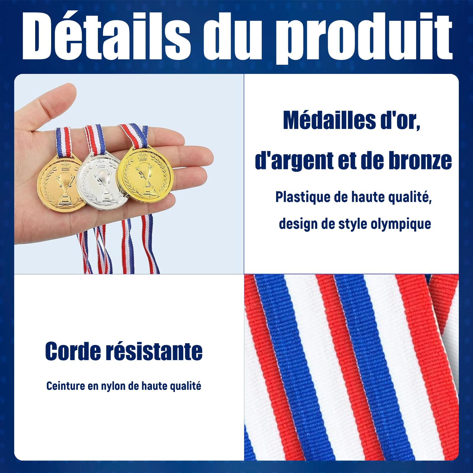 30 medali olimpijskich, nagrody na dzień sportowy, złoty medal z taśmą na szyję, plastikowy medalik do sportu, zawodów, imprez, w stylu olimpijskim, złotym, srebrnym, brązowym