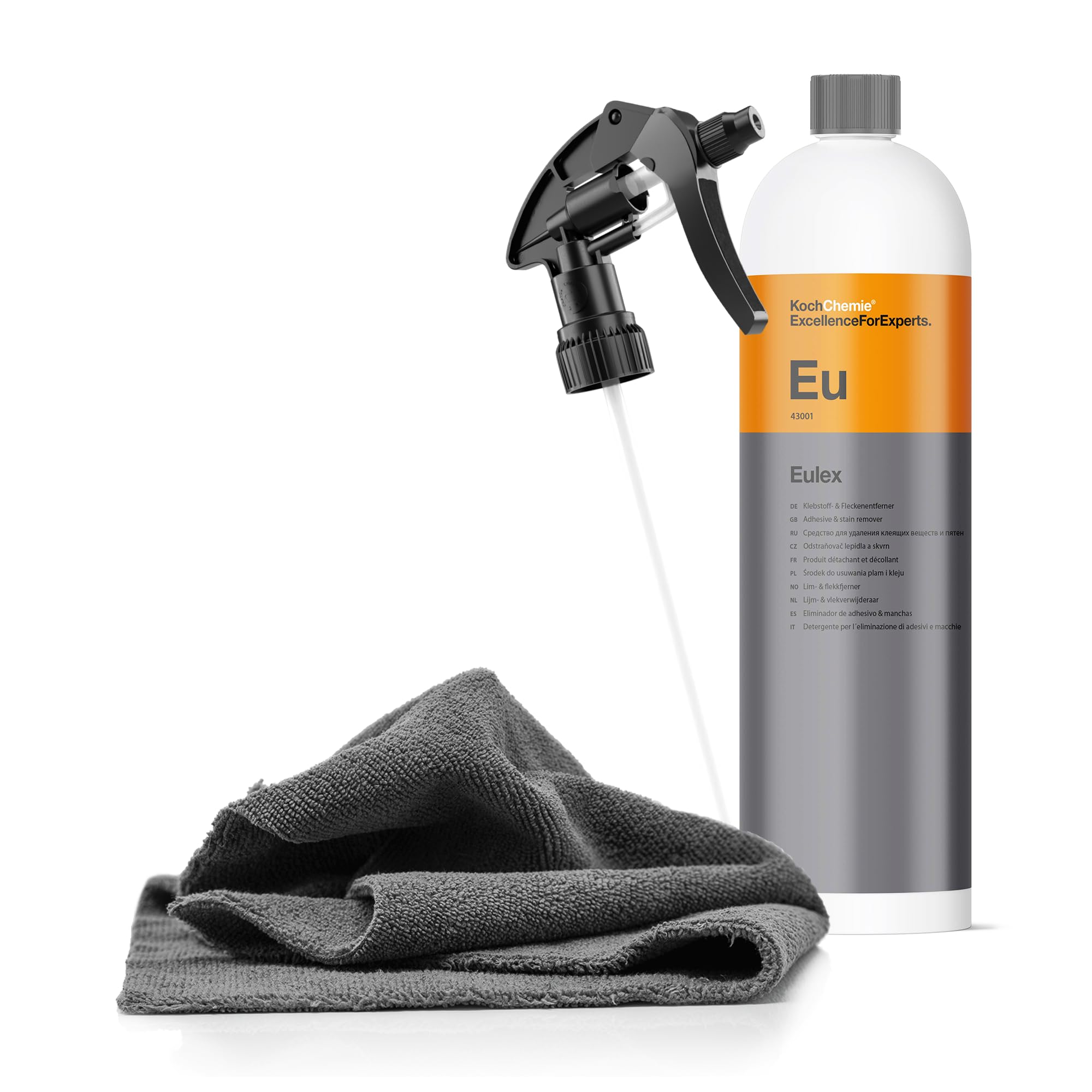 Koch Chemie Eulex Kit de détachant pour résidus de colle 1 l + tête de pulvérisation + chiffon en microfibre | Élimine les résidus de colle tels que les autocollants des étiquettes du verre, du métal,