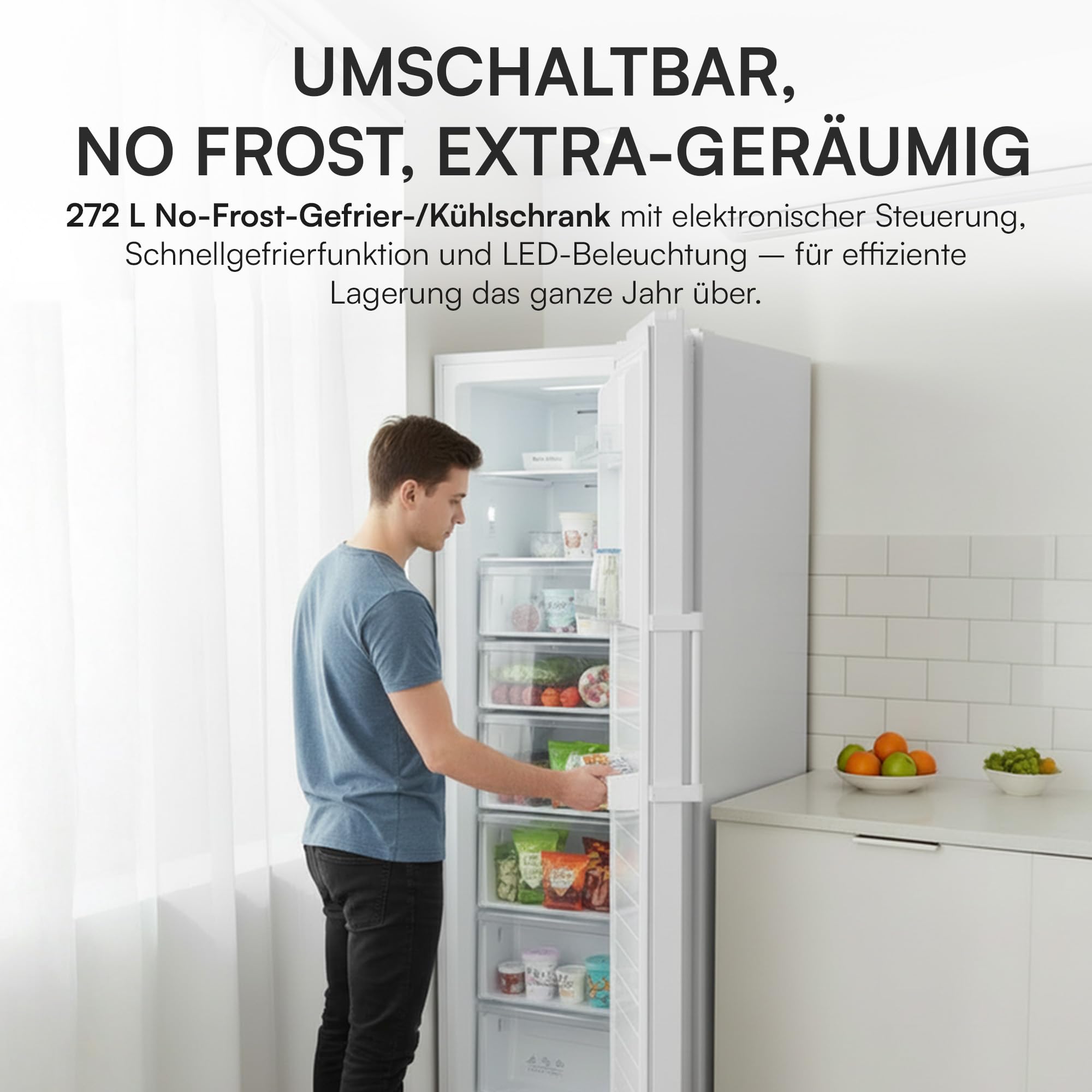 HFF-M272NFCE++ – 272 L NO FROST Gefrierschrank/Convertible Kühlschrank & Gefriergerät, LED‑Display, Elektronische Steuerung, Weiß‑Optik, 5 Jahre Garantie (Weiß)