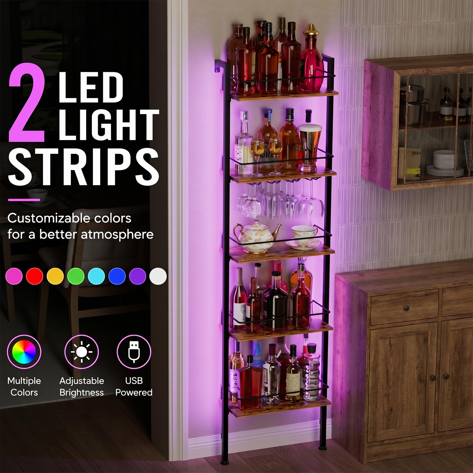Yorbay Portabottiglie 5 Ripiani con LED: fino a 50 Bottiglie e 12 Bicchieri