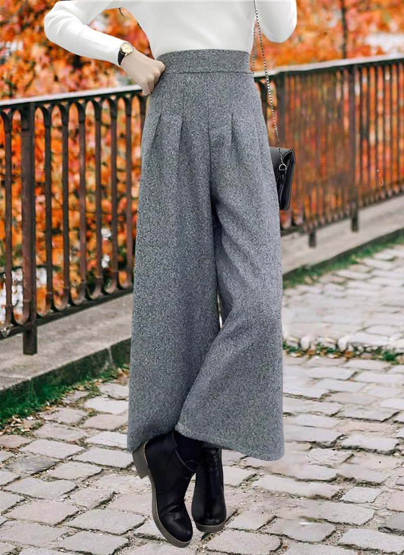 chouyatou Women's Winter High Waist Wide Leg Plaid Wool Blend Palazzo Capri Pants Culottes with Pockets - Image 3