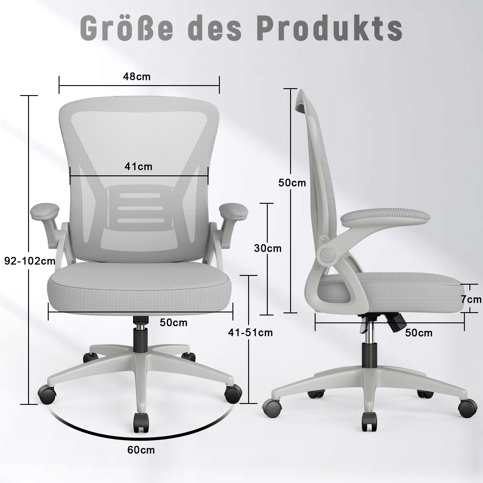 rattantree Bürostuhl mit Hochklappbaren Armlehnen, Ergonomischer Schreibtischstuhl mit Lendenwirbelstütze, Höhenverstellbar, Platzsparend, Drehstuhl für das Büro, Grau, X22F00M022