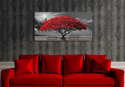 Miniatura 2 de Arte de pared de árbol rojo en blanco y negro, cuadro impreso de paisaje de árbol rojo grande, obra de arte moderna para sala de estar, dormitorio,