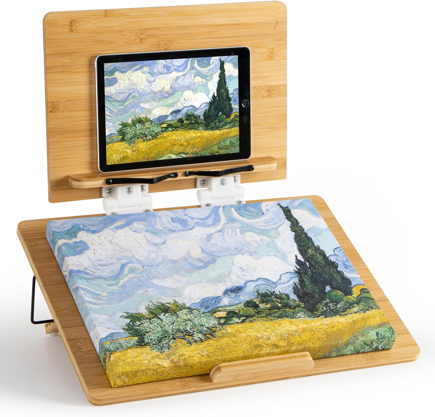 Folding Bamboo Tabletop Easel, 19.7" x 14.2" Base and 15.4" x 11" Adjustable Upper Board, Portable Desktop Arts & Crafts Easels for Drawing, Painting, Sketching, and Tablet Stand