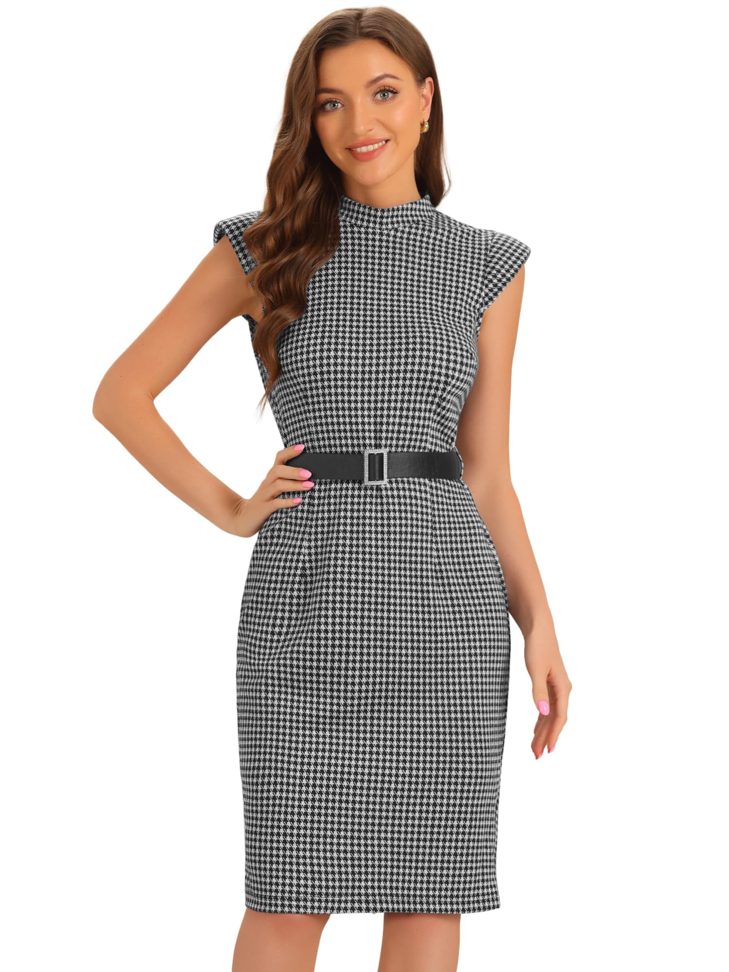 Allegra K Business Casual Sheath Dress for Womens Mock Neck Shoulder Pad Cap Sleeve Belt Houndstooth Dress