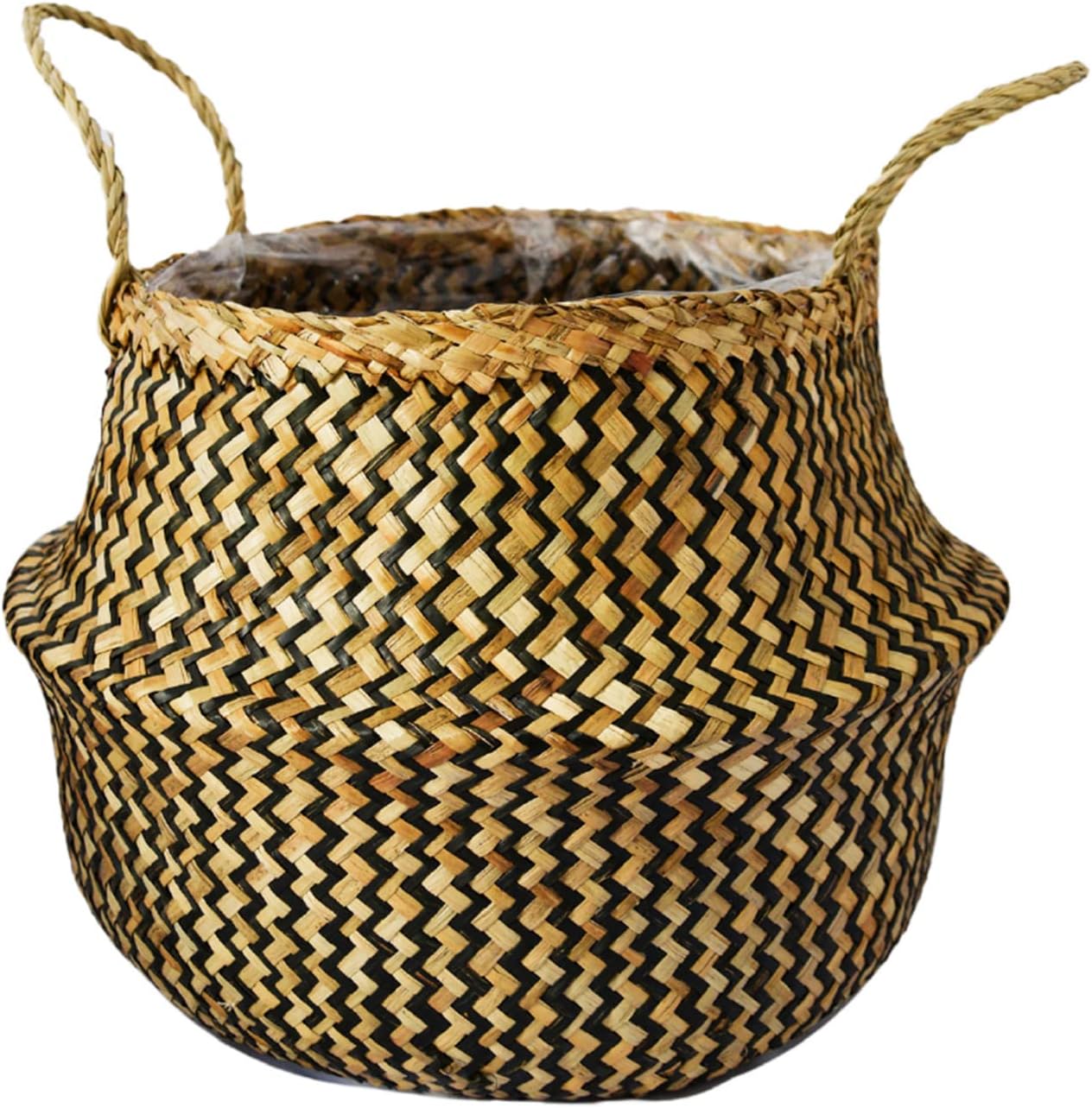 Ivyline Seagrass Chevron Small Black Lined Basket Planter - Hand Finished, Stylish & Waterproof - Decorative Woven Indoor Flower Pot - H25cm x D30cm
