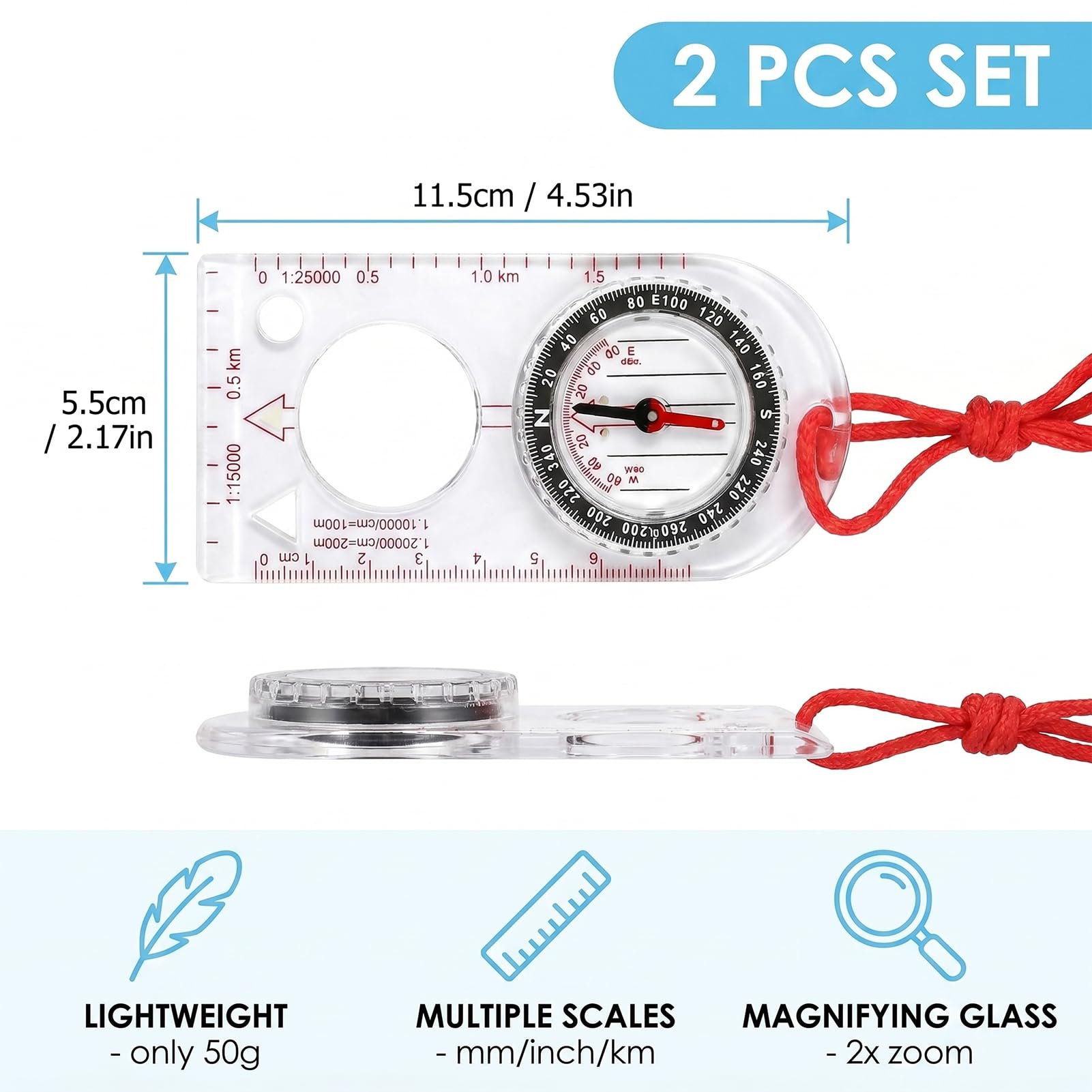 2PCS Boussole,Boussole Randonnée,BoussoleMilitaire avec Déclinaison Réglable,Boussole de Navigation Transparente,Boussole d'orientation,Il Convient à La Randonnée,Au Camping Et Aux Sports De Plein Air
