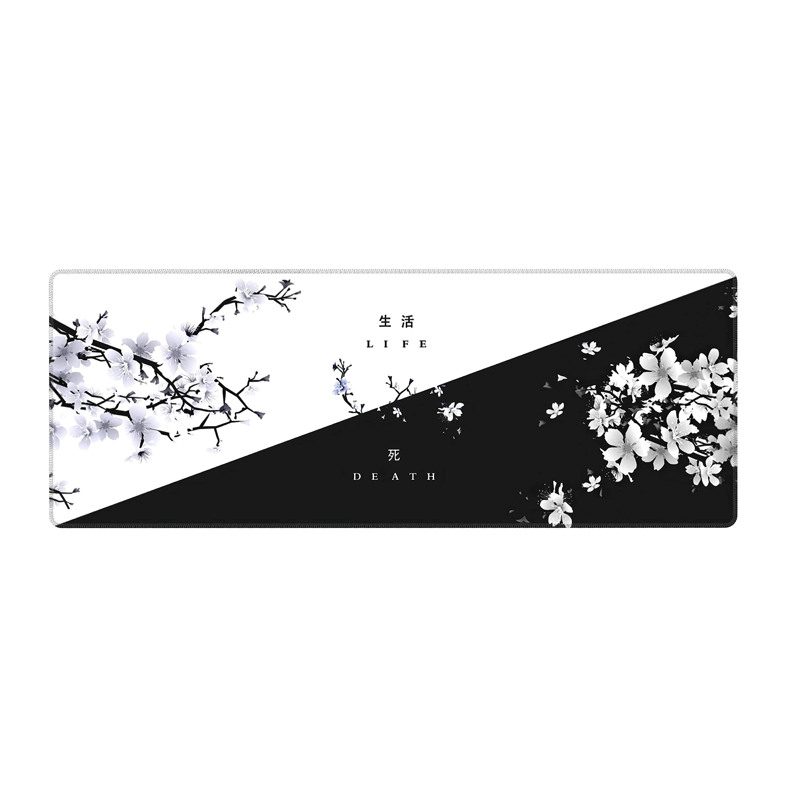 Black White Cherry Blossom Mouse Pad Japanese Sakura Death Life Flower Extended Desk Mat 80X30 cm Non-Slip Rubber Base Stitched Edge Large XL Playmat for Keyboard Gaming Laptop Desktop,31.5×11.8 Inch