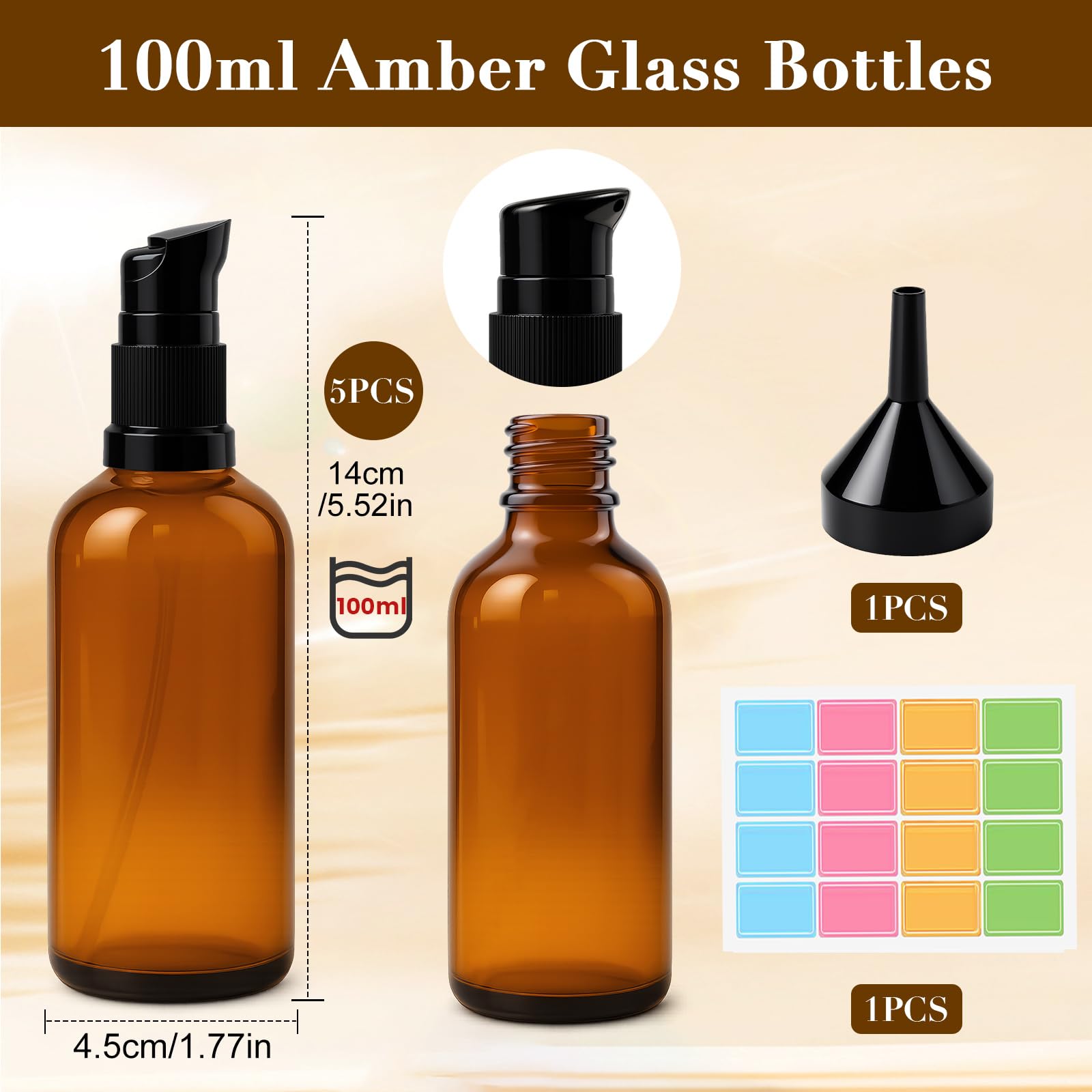 Puste szklane butelki 100 ml, brązowe z naklejką, lejek, 5 sztuk bursztynowych szklanych butelek z dozownikiem z pompką, dozownik balsamu, butelka z brązowego szkła, z pompką, do olejków