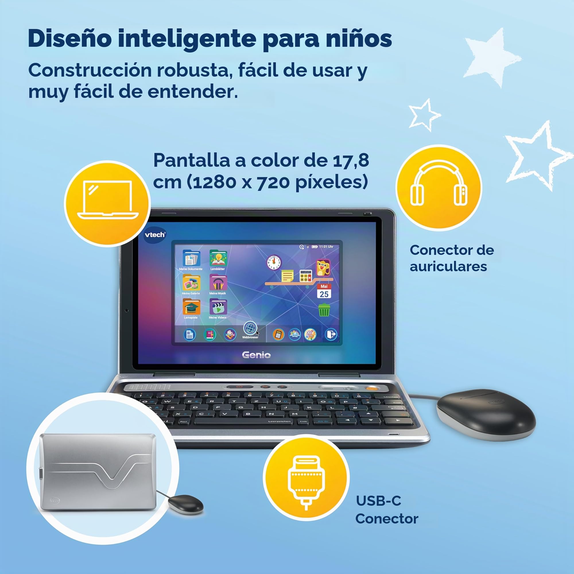 Vtech Genio - Ordenador de Aprendizaje XL con Pantalla LCD Grande de 7" con Acceso a Internet, Programa de Texto y Muchos contenidos educativos, para niños de 5 a 12 años, Version Alemana
