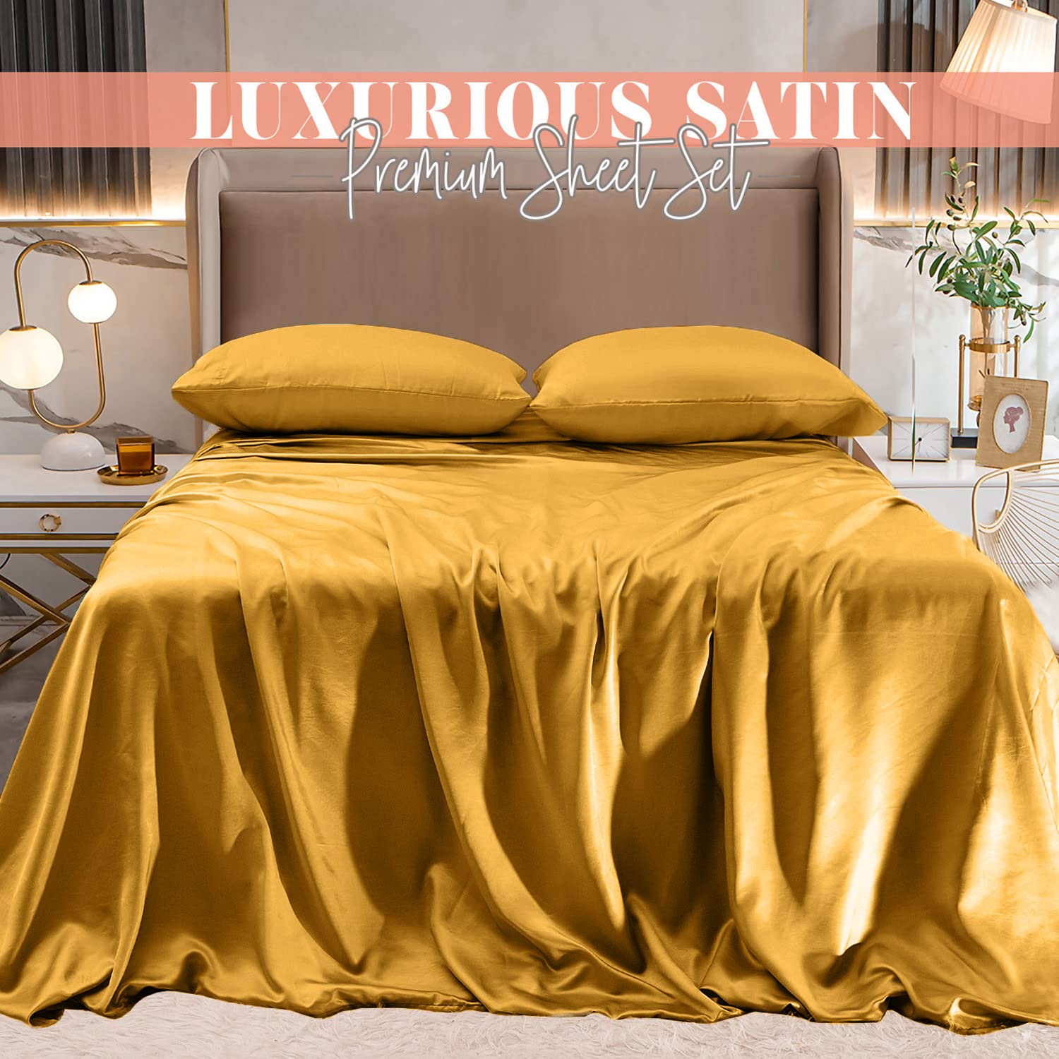 Elegant Comfort Lussuoso set di lenzuola in raso setoso, delicato sulla pelle e sui capelli, rughe, non scolorisce, con angoli profondi, lenzuolo con angoli profondi, set di lenzuola in raso morbido,