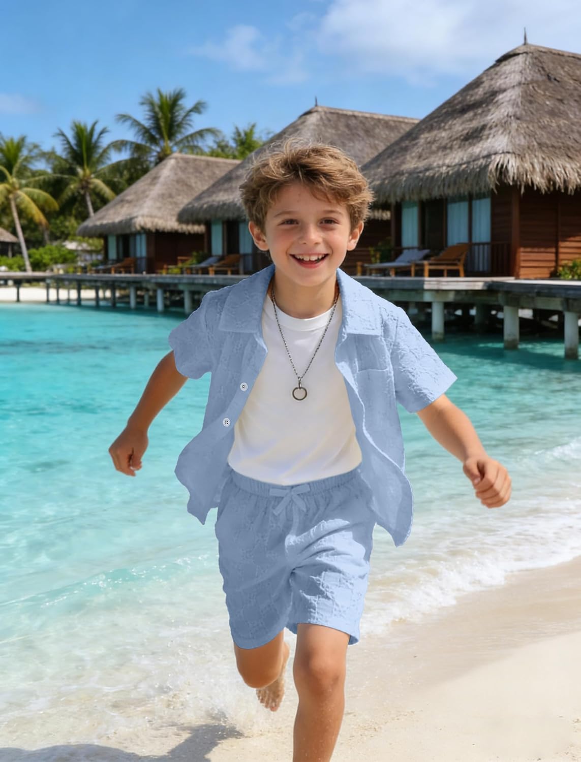 EXARUS Boys 2 Piece Summer Outfits Beach Vacation Sets Textured Linen Short Sleeve Shirts and Shorts Clothes Pockets