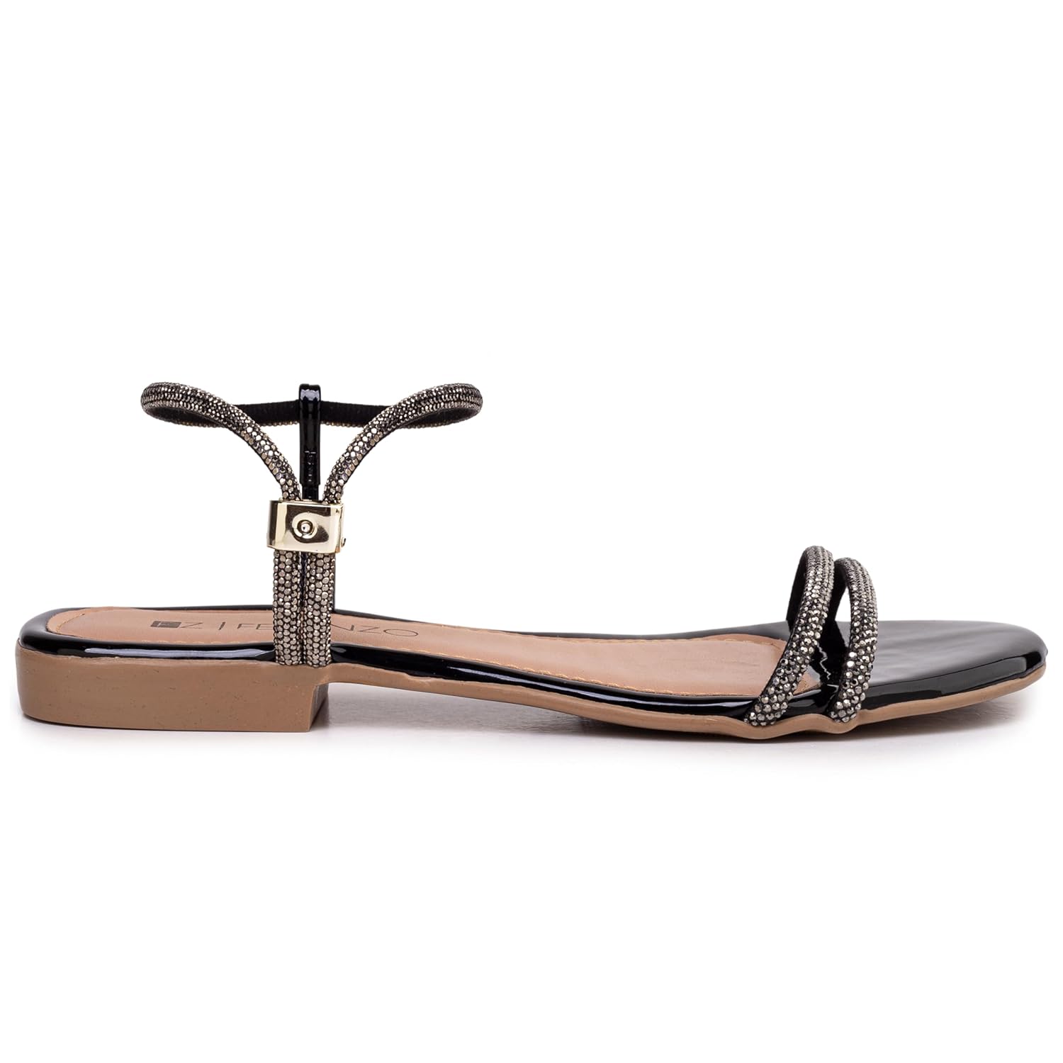 Sandália Feminina Rasteira com Tiras Brilhantes, Rasteirinha, Bronze, Ouro, Preto, Elegante, Leve Confortável