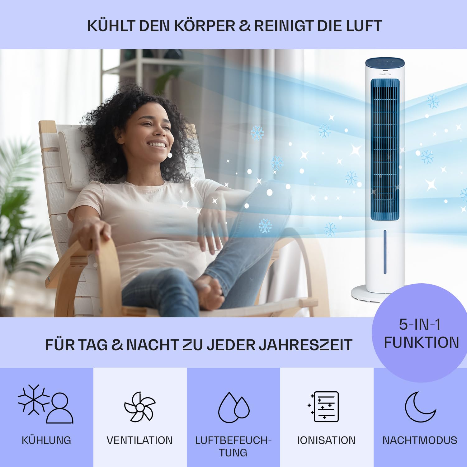 Klarstein Klimagerät Mobil, 5-in-1 Mobiler Luftkühler mit Nachtmodus, Ventilator Leise, Luftbefeuchter & Luftreiniger, Mobiles Klimagerät ohne Abluftschlauch, Turmventilator 360 m³/h, 50 Watt, Weiß