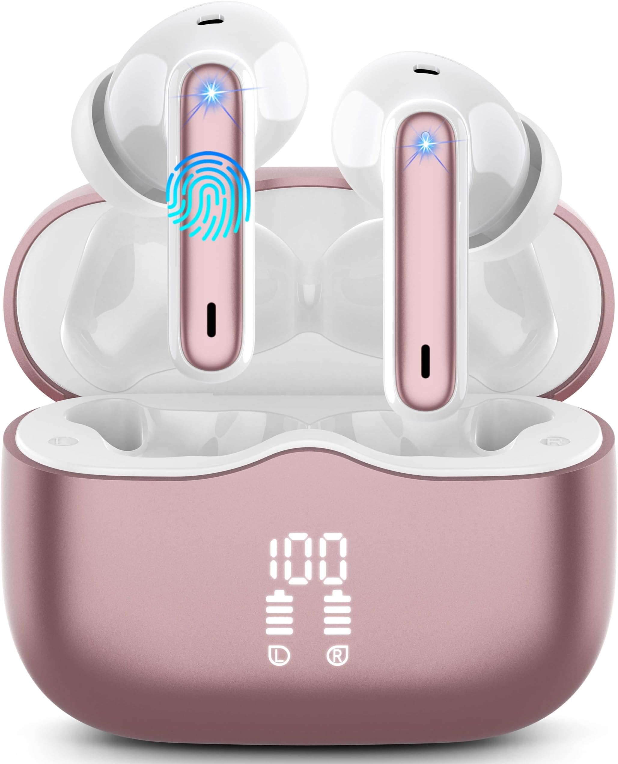 Wireless Earbuds, Bluetooth 5.3 Headphones in Ear with HiFi Stereo Deep Bass, 4 ENC Noise Cancelling Mic Wireless Earphones 40H Playtime, Bluetooth Earbud Dual LED Display, IP7 Waterproof, Rose