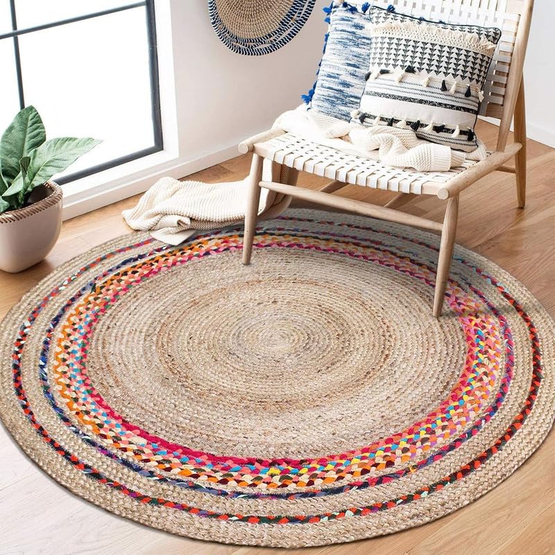 TRENDOZE Jute Hand Woven Braided Carpet Rugs|Round Traditional