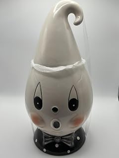 Design by Johanna Parker. White Large Ghost Canister. Approximately 11" Tall 5" Across the Middle and 4 3/4" Round at the base. Discoloration is normal for this line of product