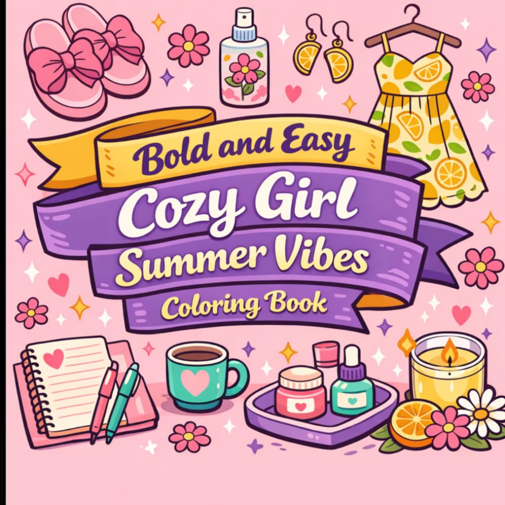 Bold and Easy Cozy Girl Summer Vibes Coloring Book: Simple Cute Designs for Calm Coloring.