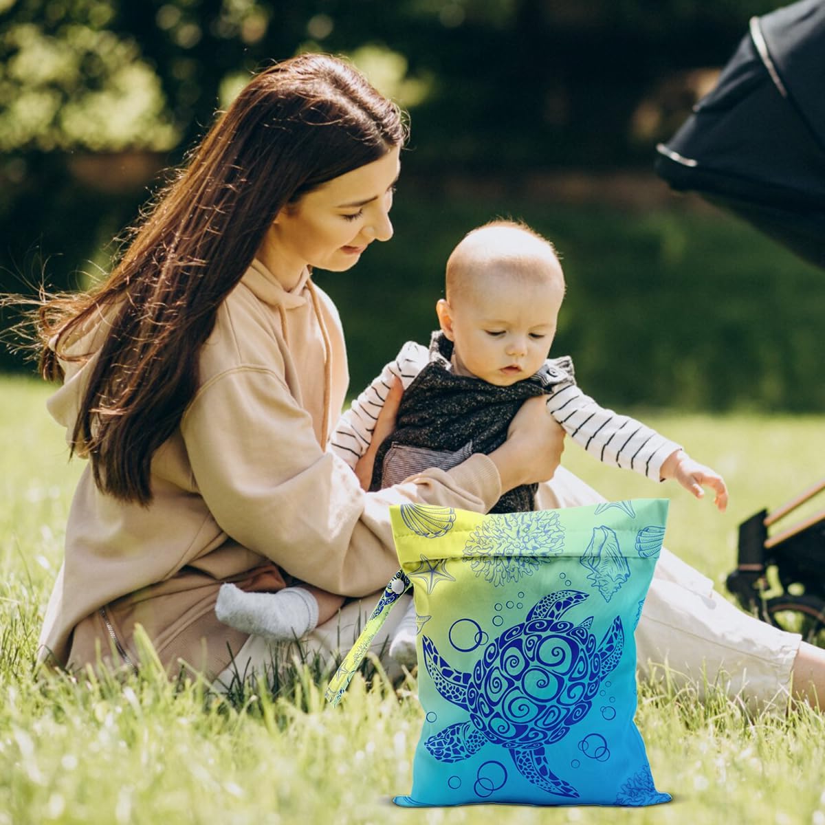Wet Dry Bag for Swimsuit and Towels for Swimsuit Travel Beach Pool Diapers Dirty Yoga Gym Clothes Hook to Stroller Makeup Bag Waterproof Turtle Ocean Element Decor