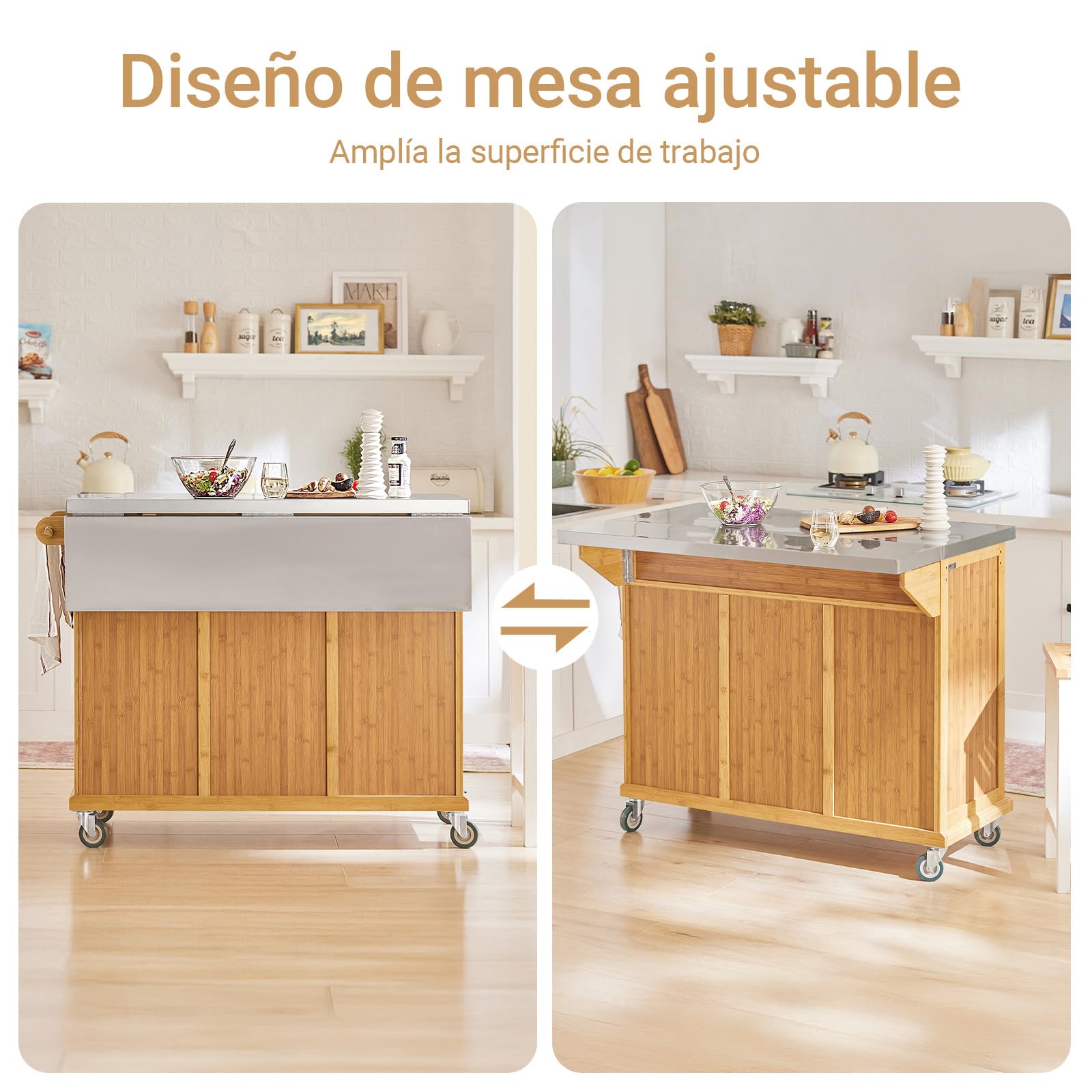 SoBuy Carro de Cocina con Ruedas, ala extensible & frenos, 115x92x(46-71)cm | Isla de Cocina Rodante con 2 cajones, 2 puertas & baldas regulables, carga 100 kg, bambú/MDF, cocina & comedor & bar, FKW69-N