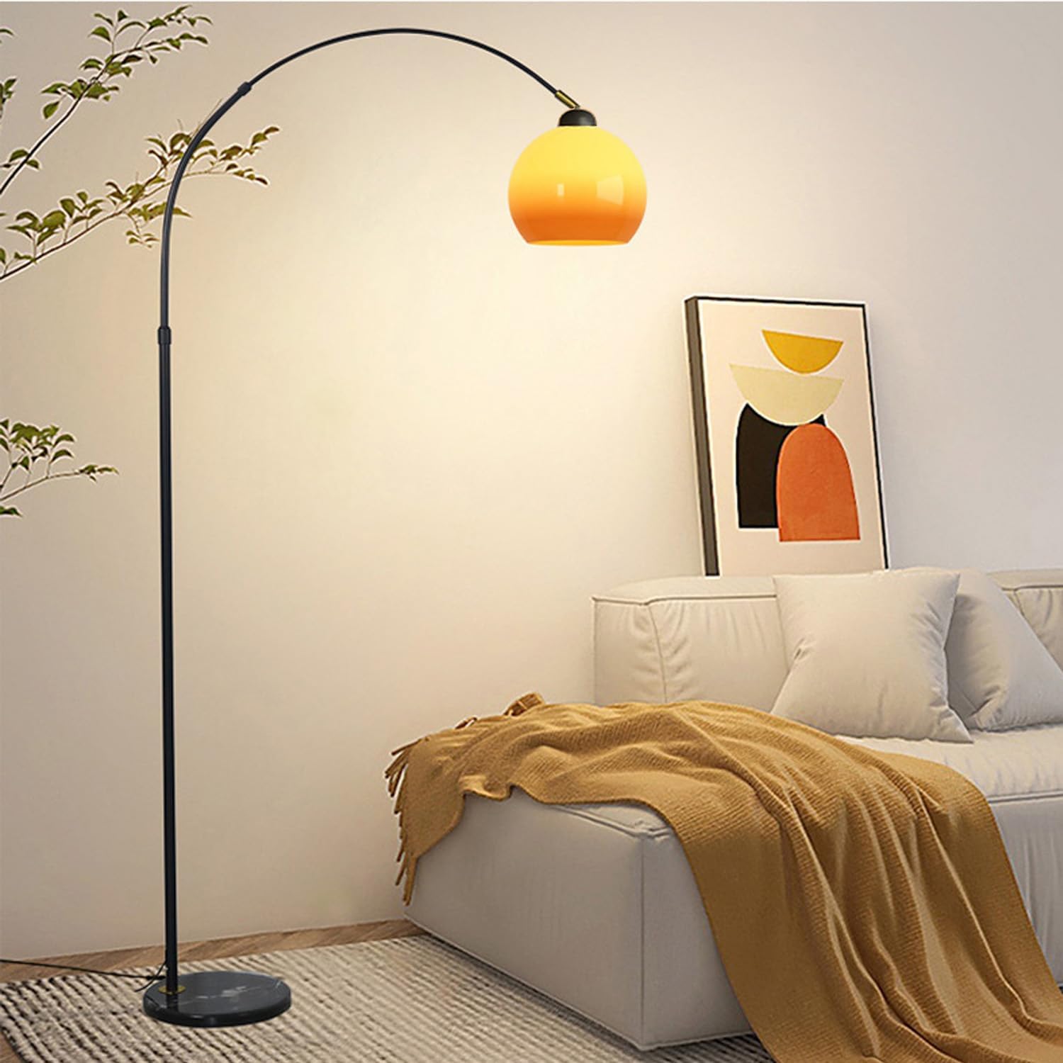 MIXL-Orange Fishing Floor Lamp with Glass Shade,Adjustable Arc Floor Reading Lamp with Marble Base,Mid Century Modern Standing Lamp for Living Room Bedroom and Office