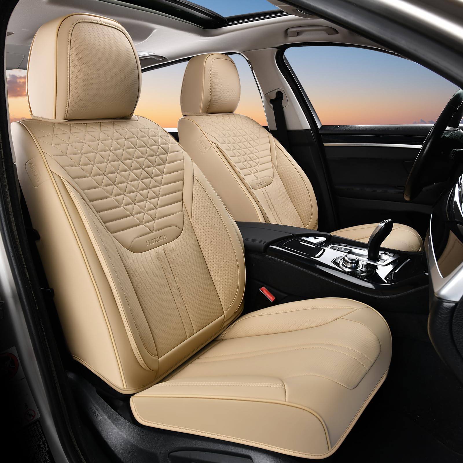 Car Seat Covers for Front Seats, Universal Seat Cushion 2 Seats, Car Seat Protector Waterproof, Premium Leather Automotive Seat Covers for Most Cars, Sedans, SUVs, and Trucks-Beige