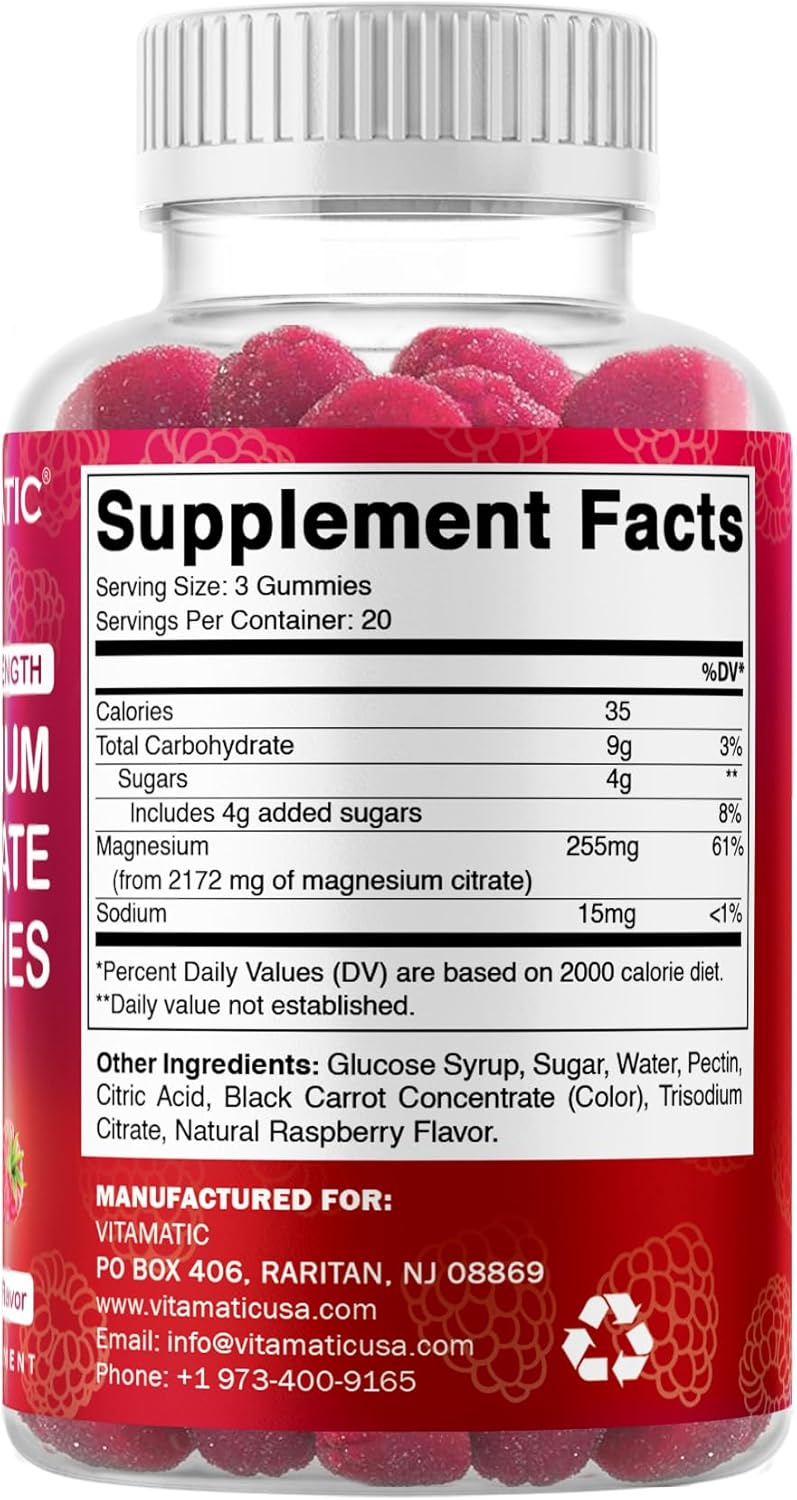 Vitamatic Extra Strength Magnesium Gummies – 255 mg (Elemental Magnesium) per Serving – 60 Vegan Gummies Supports Relaxation, Muscle & Nerve Function, Bone Health & Energy Production - Image 8